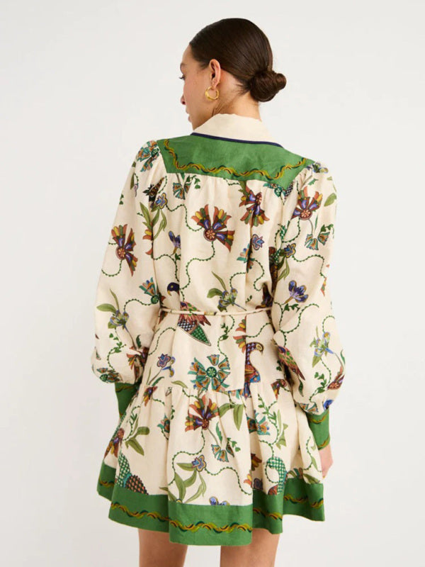 New long-sleeve printed lapel loose tie casual dress - Hiccupzz