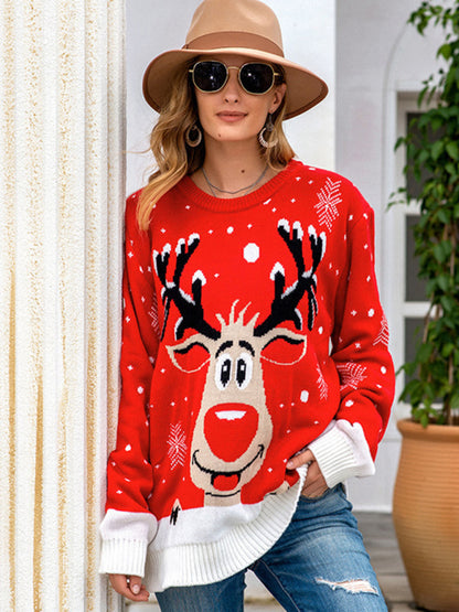 Women Reindeer Pattern Knit Holiday Sweater