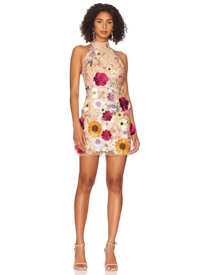 New women's embroidered three-dimensional flower halter neck slim dress small dress - Hiccupzz