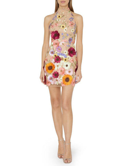 New women's embroidered three-dimensional flower halter neck slim dress small dress - Hiccupzz