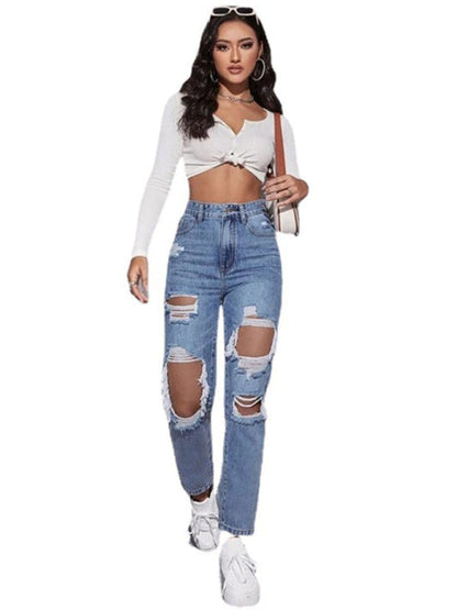 Women's washed ripped high waist straight trousers - Hiccupzz