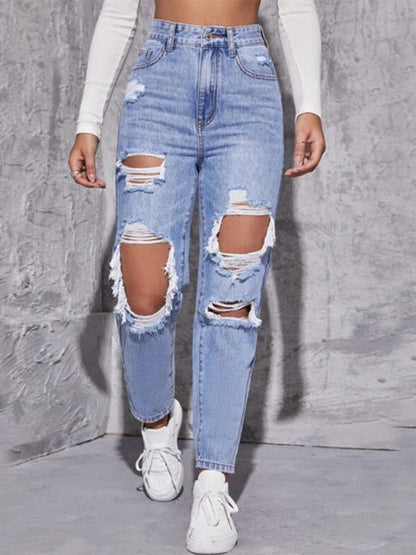 Women's washed ripped high waist straight trousers - Hiccupzz