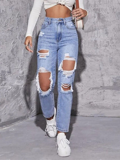 Women's washed ripped high waist straight trousers - Hiccupzz