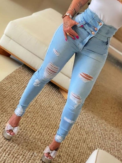 women's high waist ripped jeans pencil pants - Hiccupzz