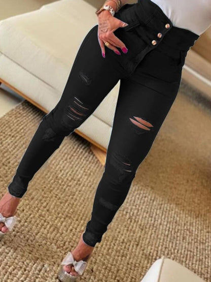 women's high waist ripped jeans pencil pants - Hiccupzz