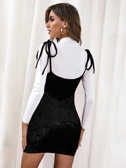 Sexy slit bow velvet suspender dress with hip-hugging skirt (excluding white inner top) - Hiccupzz
