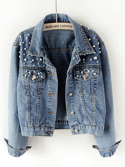 Women's heavy beaded loose denim jacket - Hiccupzz