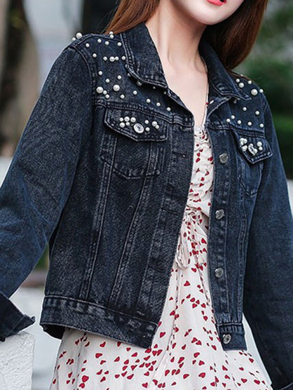 Women's heavy beaded loose denim jacket - Hiccupzz