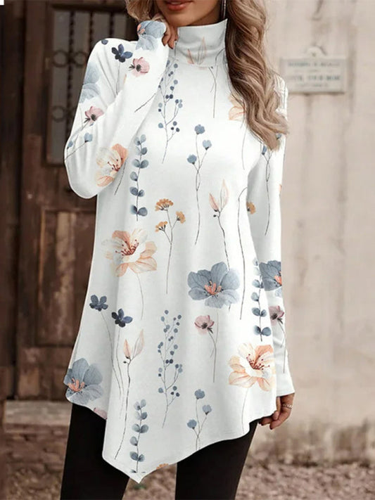 High collar bohemian print casual long sleeve T-shirt