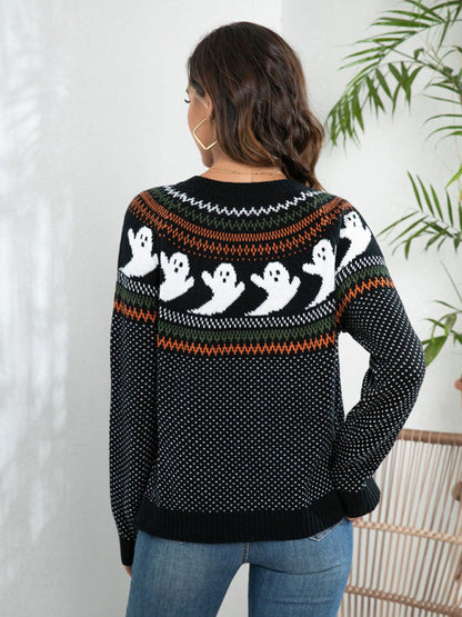 New Halloween ghost retro polka dot long sleeve knitted cardigan sweater - Hiccupzz