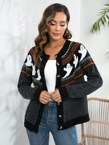 New Halloween ghost retro polka dot long sleeve knitted cardigan sweater - Hiccupzz
