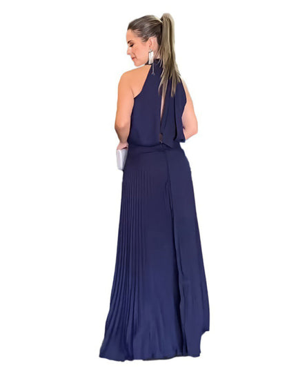 New sleeveless strappy casual backless halterneck pleated dress - Hiccupzz