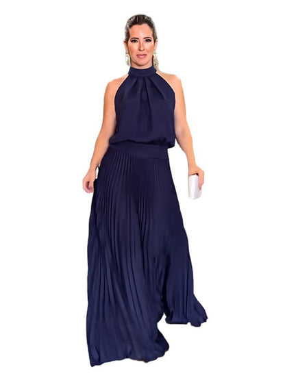 New sleeveless strappy casual backless halterneck pleated dress - Hiccupzz