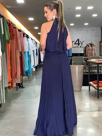 New sleeveless strappy casual backless halterneck pleated dress - Hiccupzz