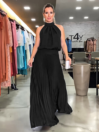 New sleeveless strappy casual backless halterneck pleated dress - Hiccupzz