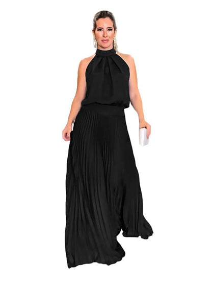 New sleeveless strappy casual backless halterneck pleated dress - Hiccupzz