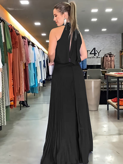 New sleeveless strappy casual backless halterneck pleated dress - Hiccupzz