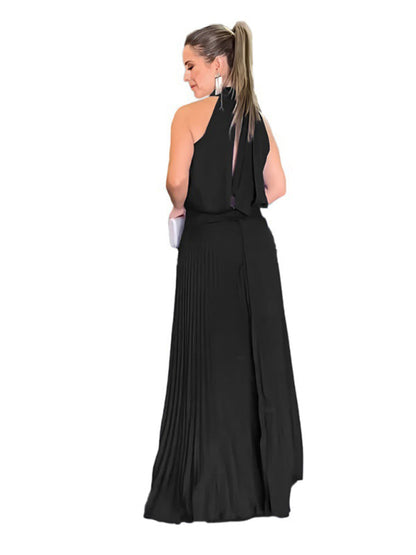 New sleeveless strappy casual backless halterneck pleated dress - Hiccupzz