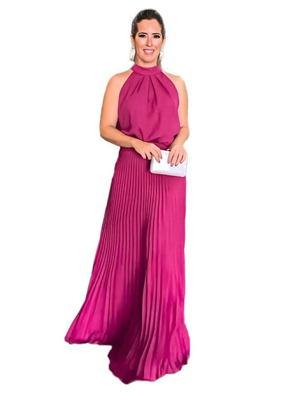 New sleeveless strappy casual backless halterneck pleated dress - Hiccupzz