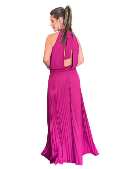 New sleeveless strappy casual backless halterneck pleated dress - Hiccupzz