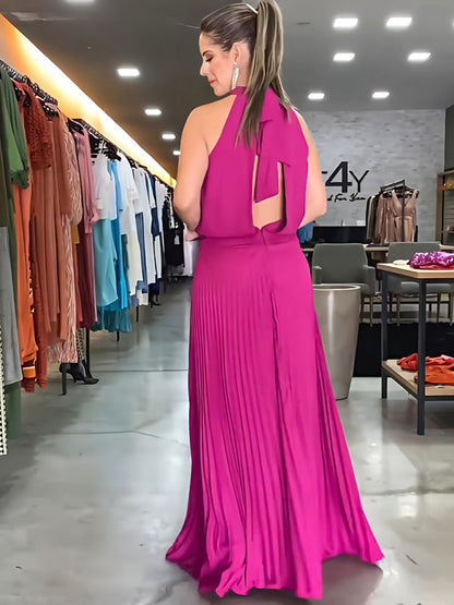 New sleeveless strappy casual backless halterneck pleated dress - Hiccupzz