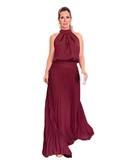 New sleeveless strappy casual backless halterneck pleated dress - Hiccupzz