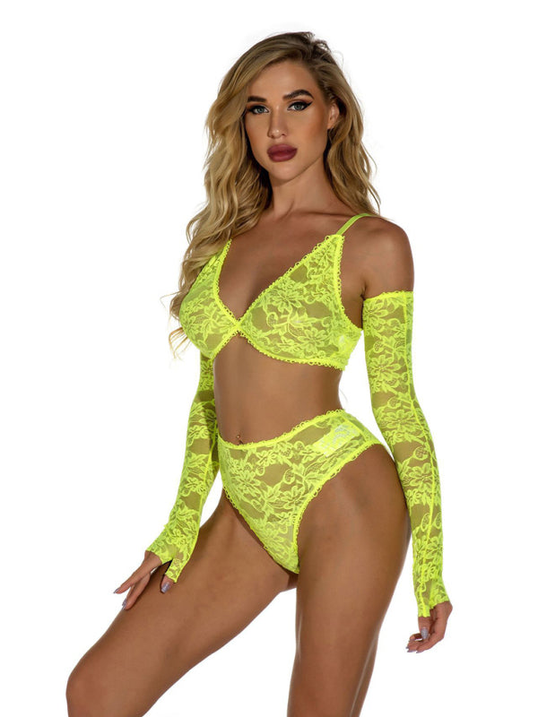 Sexy lingerie, lace transparent pajamas set with gloves, one-piece home wear