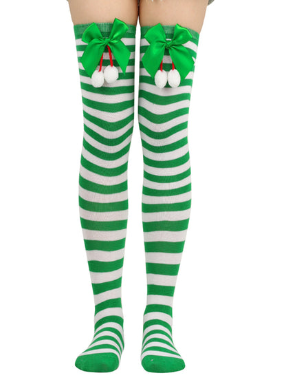 New bow Christmas socks ball socks over the knee socks women's long Christmas striped stockings - Hiccupzz