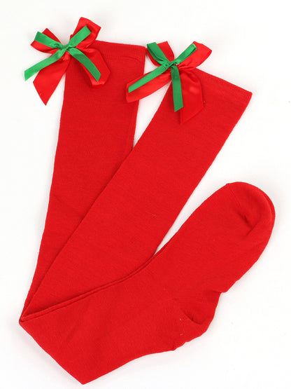New bow Christmas socks ball socks over the knee socks women's long Christmas striped stockings - Hiccupzz
