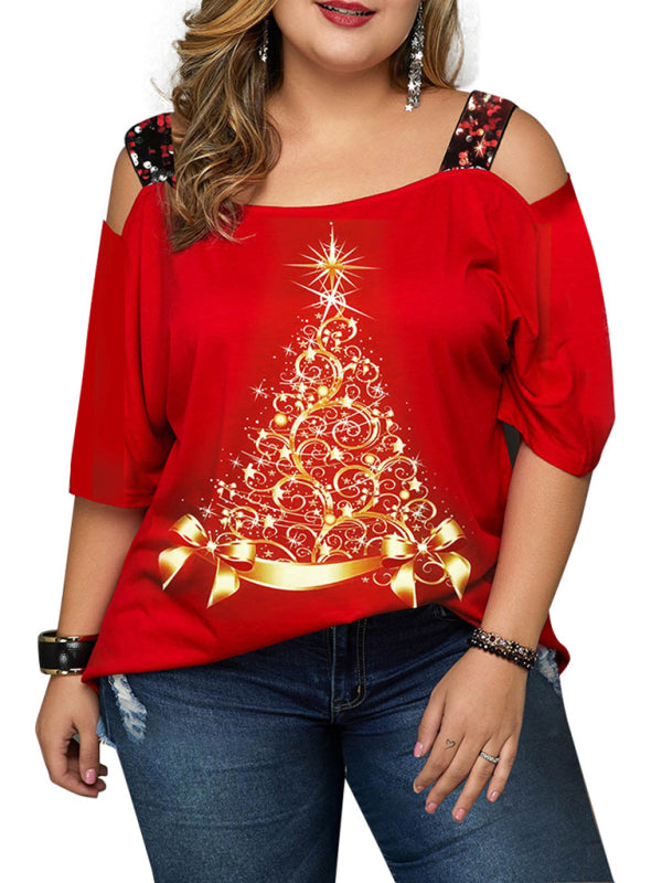 Christmas tree print off-shoulder loose short-sleeved plus size T-shirt top