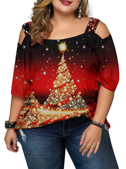 Christmas tree print off-shoulder loose short-sleeved plus size T-shirt top