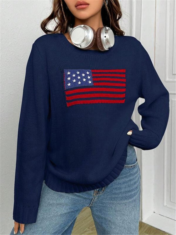 Loose Knitted Sweater - Round Neck, Flag Pattern, Simple & Versatile