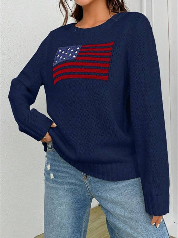 Loose Knitted Sweater - Round Neck, Flag Pattern, Simple & Versatile