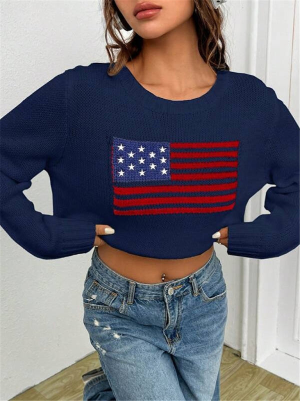 Loose Knitted Sweater - Round Neck, Flag Pattern, Simple & Versatile