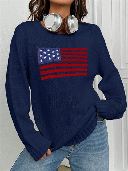 Loose Knitted Sweater - Round Neck, Flag Pattern, Simple & Versatile