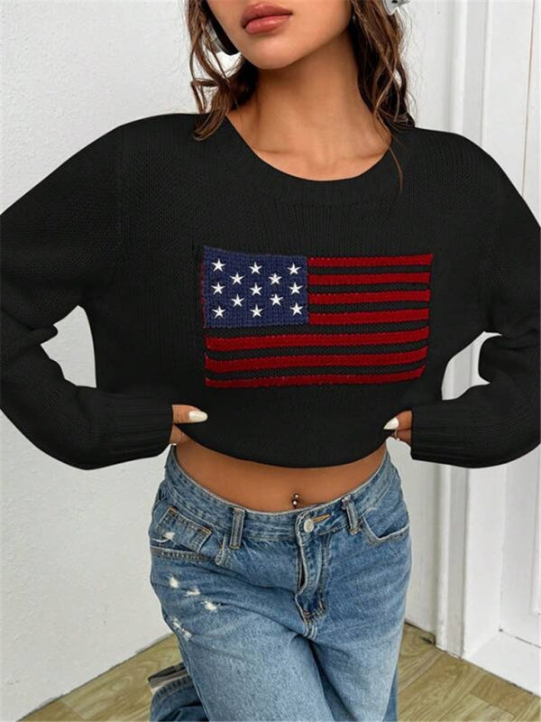 Loose Knitted Sweater - Round Neck, Flag Pattern, Simple & Versatile