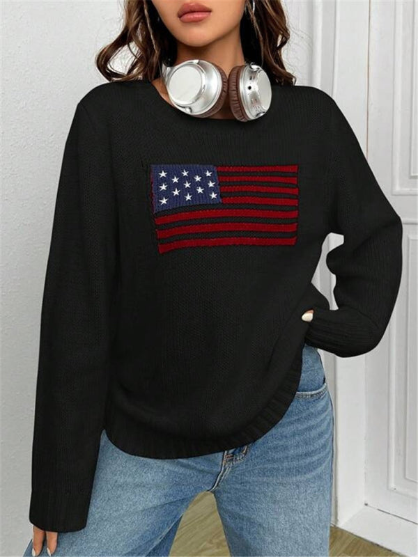 Loose Knitted Sweater - Round Neck, Flag Pattern, Simple & Versatile