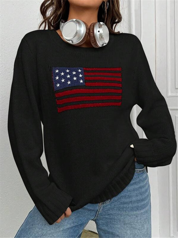 Loose Knitted Sweater - Round Neck, Flag Pattern, Simple & Versatile