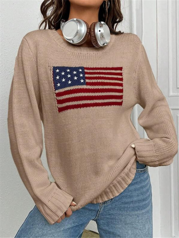 Loose Knitted Sweater - Round Neck, Flag Pattern, Simple & Versatile