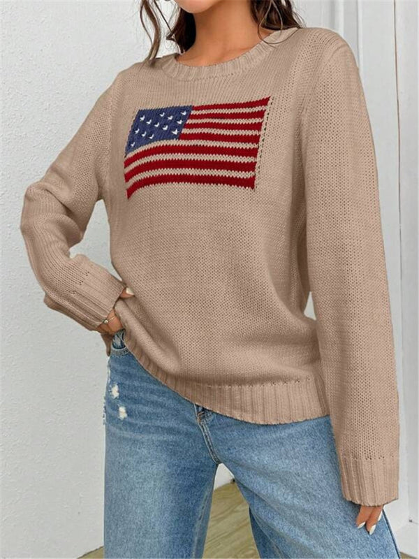 Loose Knitted Sweater - Round Neck, Flag Pattern, Simple & Versatile