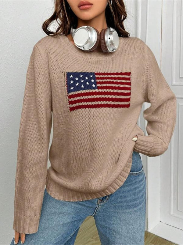 Loose Knitted Sweater - Round Neck, Flag Pattern, Simple & Versatile