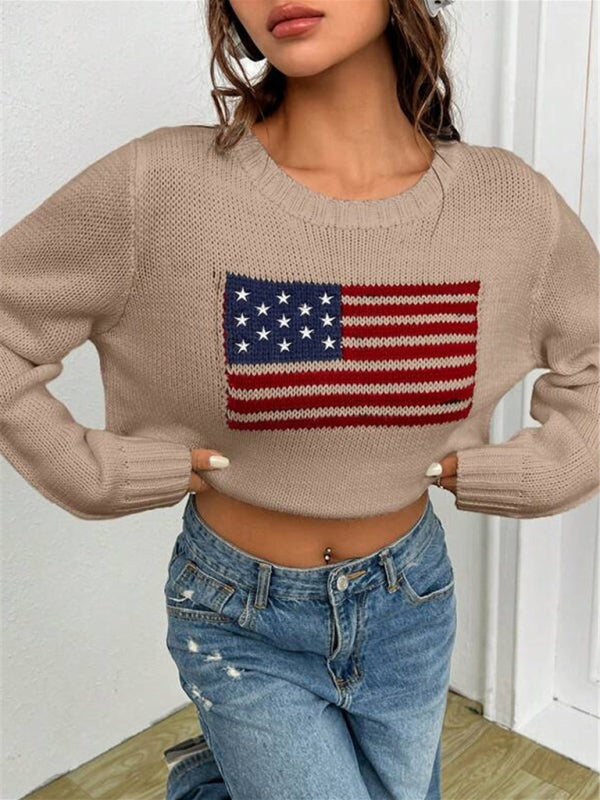 Loose Knitted Sweater - Round Neck, Flag Pattern, Simple & Versatile