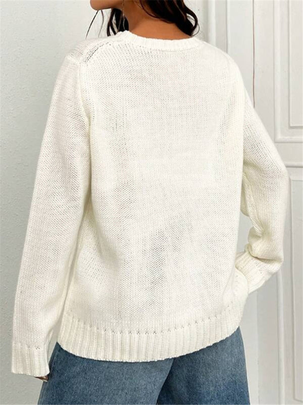 Loose Knitted Sweater - Round Neck, Flag Pattern, Simple & Versatile