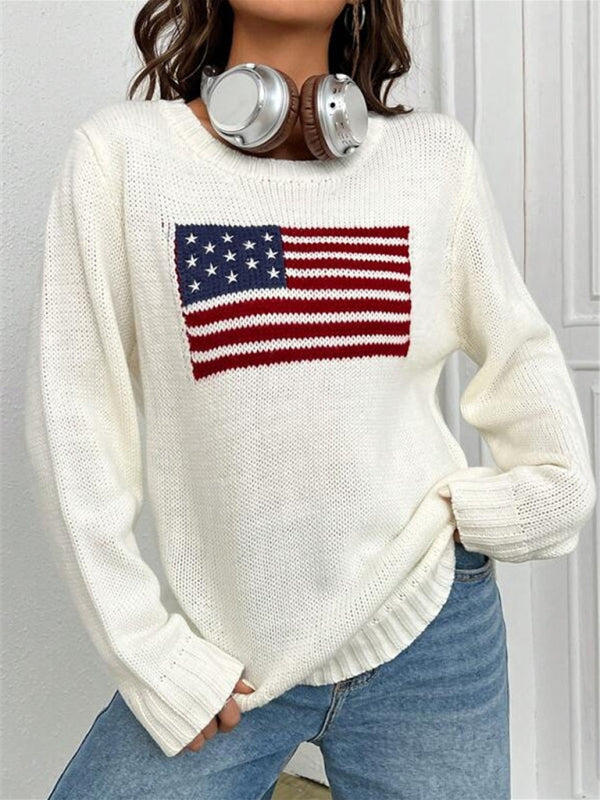 Loose Knitted Sweater - Round Neck, Flag Pattern, Simple & Versatile