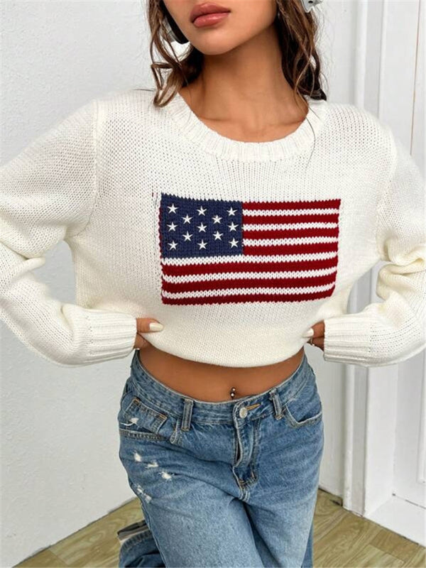 Loose Knitted Sweater - Round Neck, Flag Pattern, Simple & Versatile