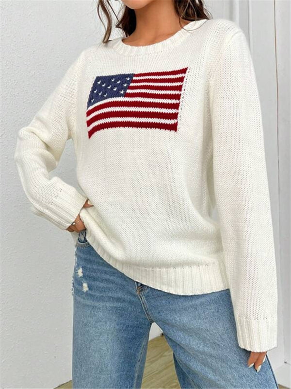 Loose Knitted Sweater - Round Neck, Flag Pattern, Simple & Versatile