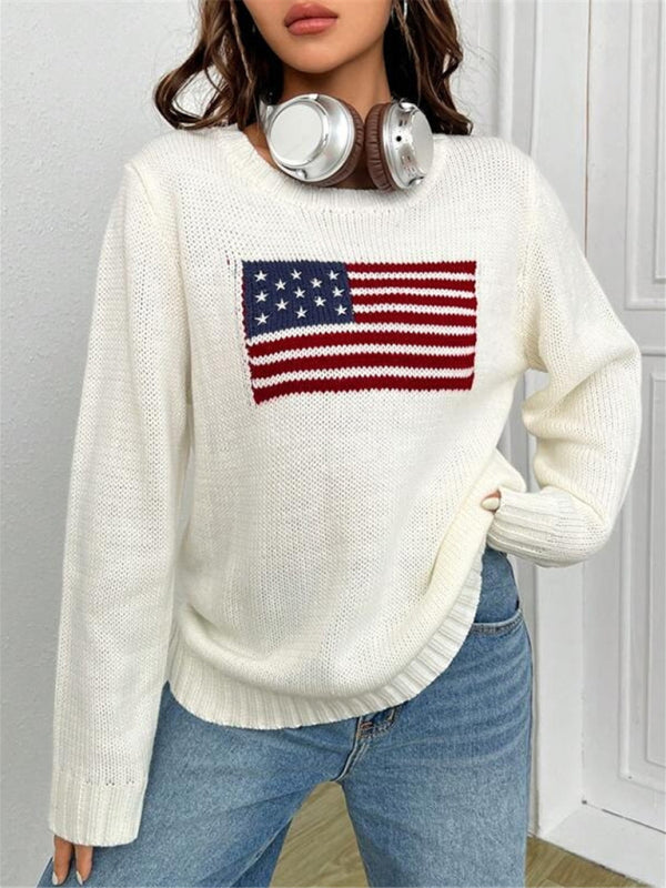 Loose Knitted Sweater - Round Neck, Flag Pattern, Simple & Versatile