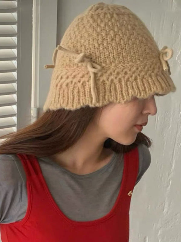 New women's warm and cute all-match bow warm knitted fisherman hat