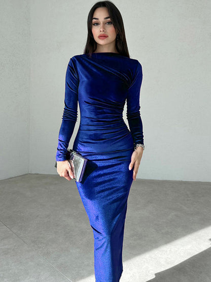 Women's New Fashion Solid Color Slim Fit Pleated Round Neck Long Sleeve Dress - Hiccupzz