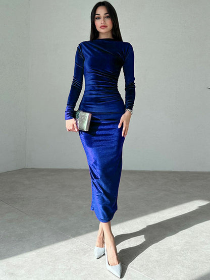 Women's New Fashion Solid Color Slim Fit Pleated Round Neck Long Sleeve Dress - Hiccupzz